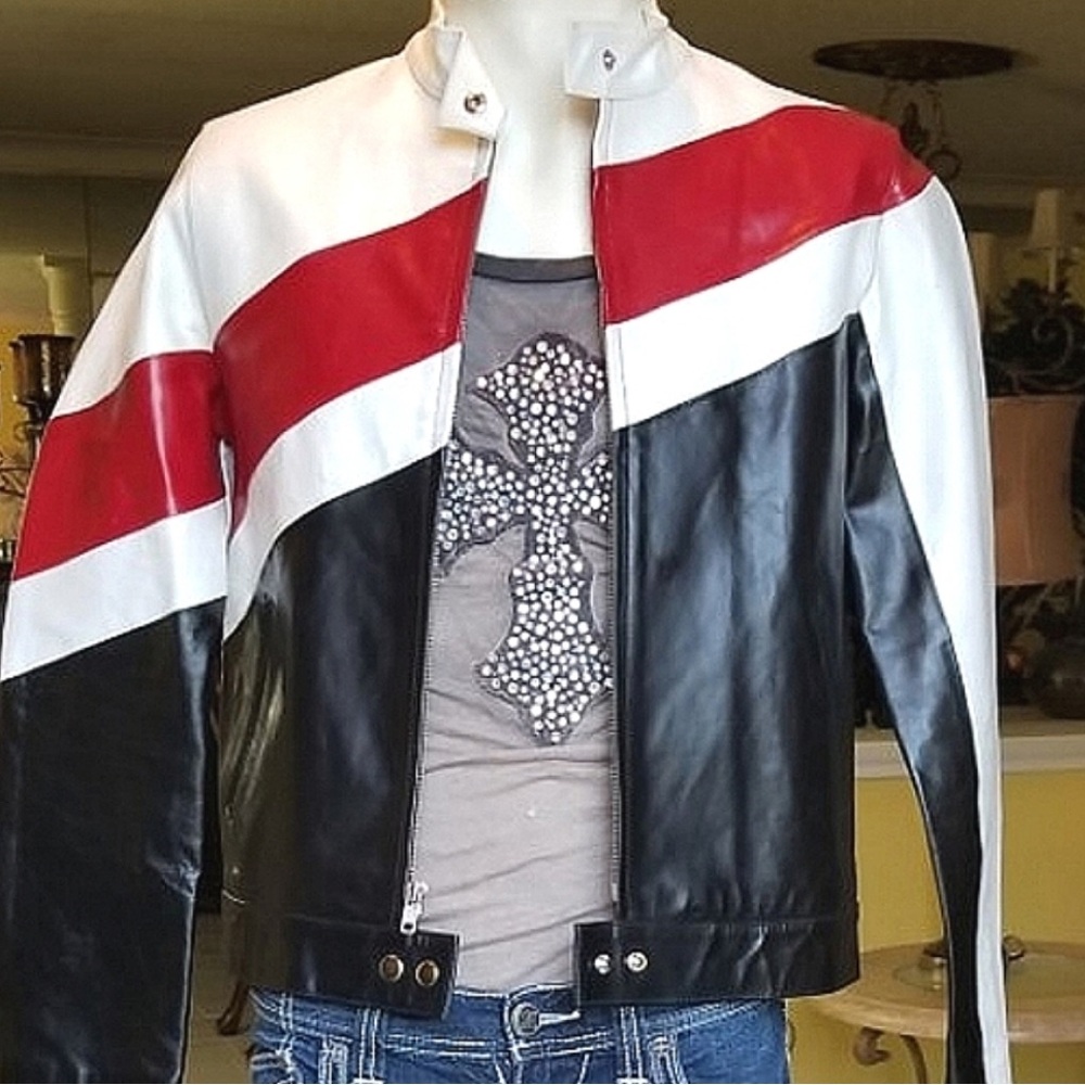 Stylish Red, White, and Black Leather Jacket